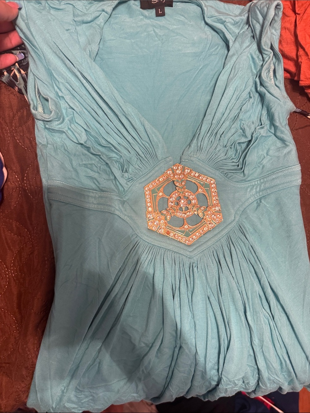 Sky Aqua Blue Embellished V-Neck Women's Top